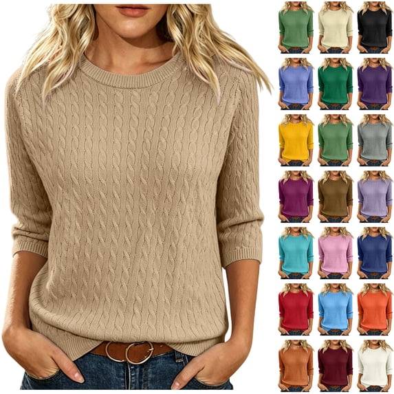 WULMLEO Women's Cable Knit Sweaters Crewneck Three Quarter Sleeve Soft Pullover Tops Camel XL