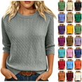 thumbnail image 1 of WULMLEO Women's Cable Knit Sweaters Crewneck Three Quarter Sleeve Soft Pullover Tops Gray L, 1 of 6