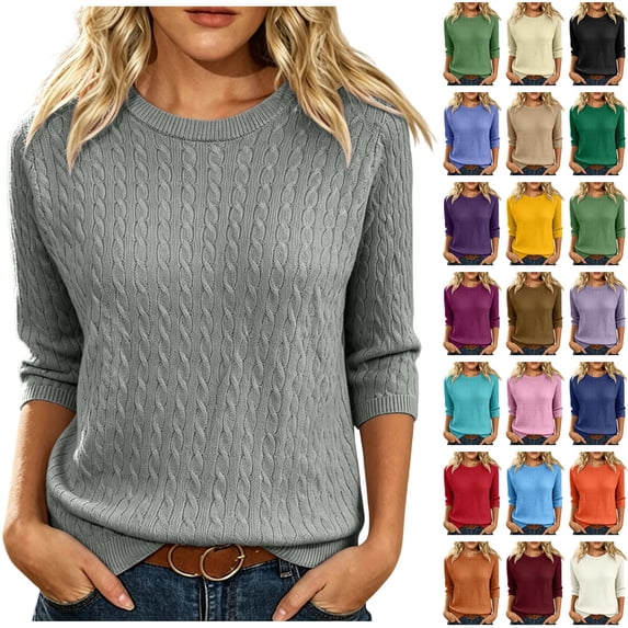 WULMLEO Women's Cable Knit Sweaters Crewneck Three Quarter Sleeve Soft Pullover Tops Gray L