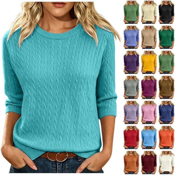 WULMLEO Women's Cable Knit Sweaters Crewneck Three Quarter Sleeve Soft Pullover Tops Light Blue 2XL