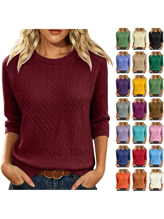 Women's Cable Knit Sweaters Crewneck Three Quarter Sleeve Soft Pullover Tops Wine M