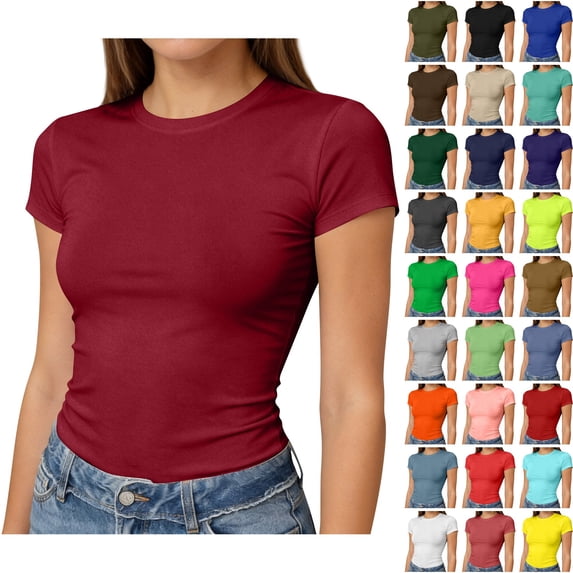 WULMLEO Women's Casual Basic Going Out Crop Tops Slim Fit Short Sleeve Crew Neck Tight T Shirts 2026 Purple Pink Polyester
