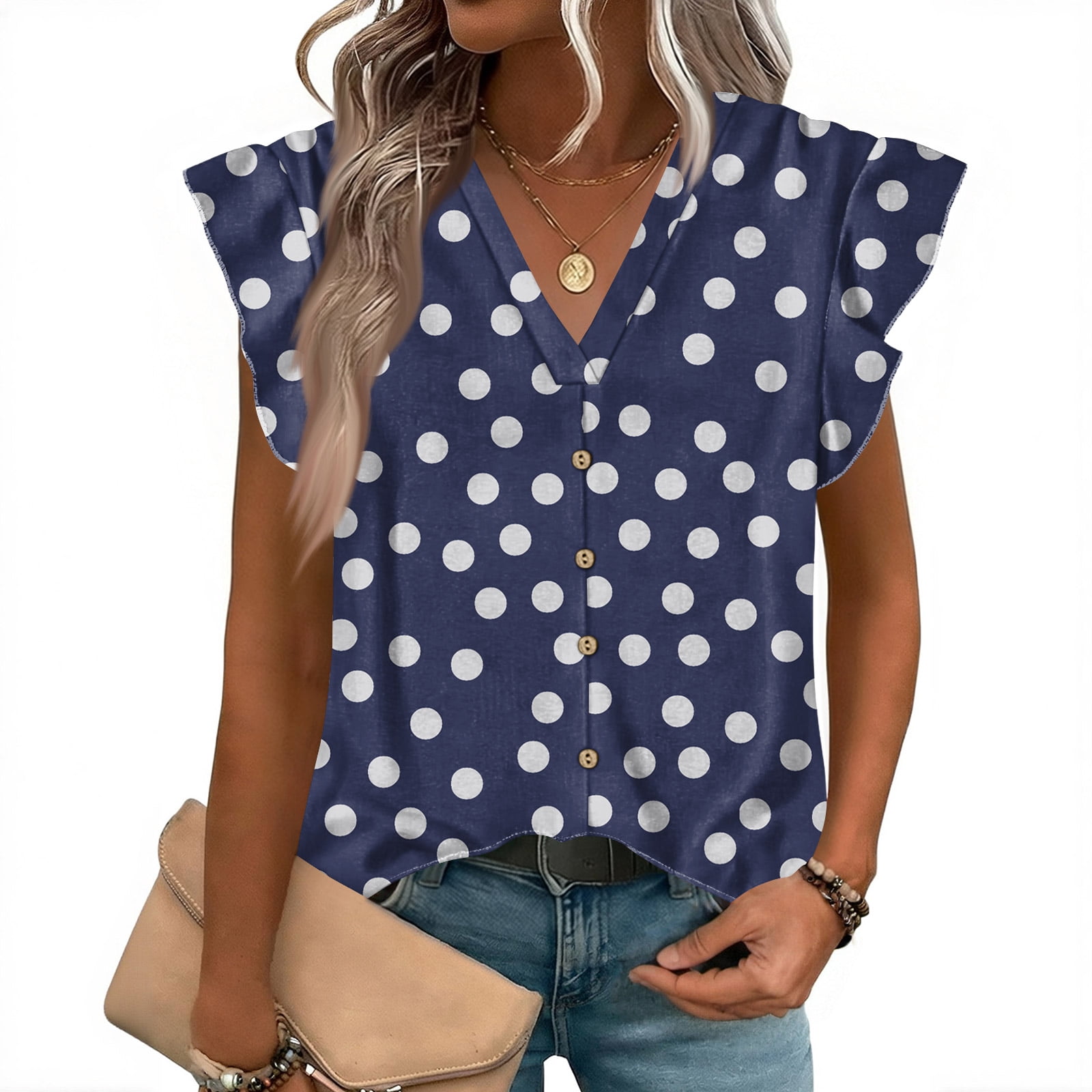 WULMLEO Women's Casual Brush Stroke Printed Top V-Neck Button Down ...