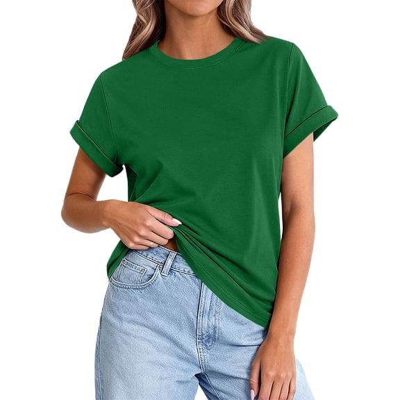 WULMLEO Women's Casual Cotton T-Shirt Rolled Cuff Short Sleeve Tops Lightweight Summer Top for Beach Trips Errands Green XL
