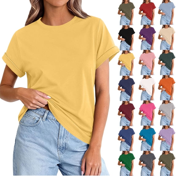 WULMLEO Women's Casual Cotton T-Shirt Rolled Cuff Short Sleeve Tops Lightweight Summer Top for Beach Trips Errands Yellow M