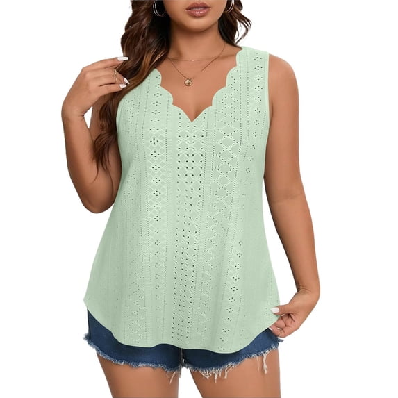 WULMLEO Women's Casual Eyelet Top Scalloped V-Neck Sleeveless Lightweight Summer Blouse Green 4XL