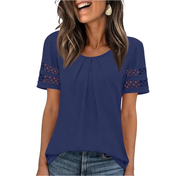 WULMLEO Women's Casual Lace Trim Top Short Sleeve Lightweight Summer Blouse Navy L