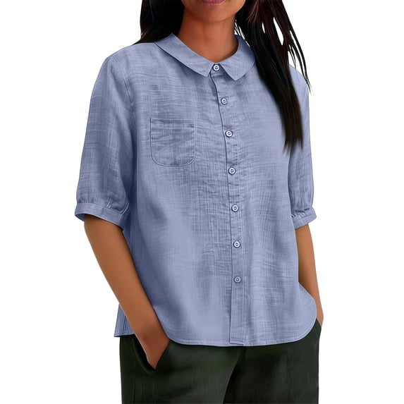 WULMLEO Women's Casual Linen Shirt Button Down 3/4 Sleeve Blouse Lightweight Summer Top for Beach Trips Errands Light Blue M