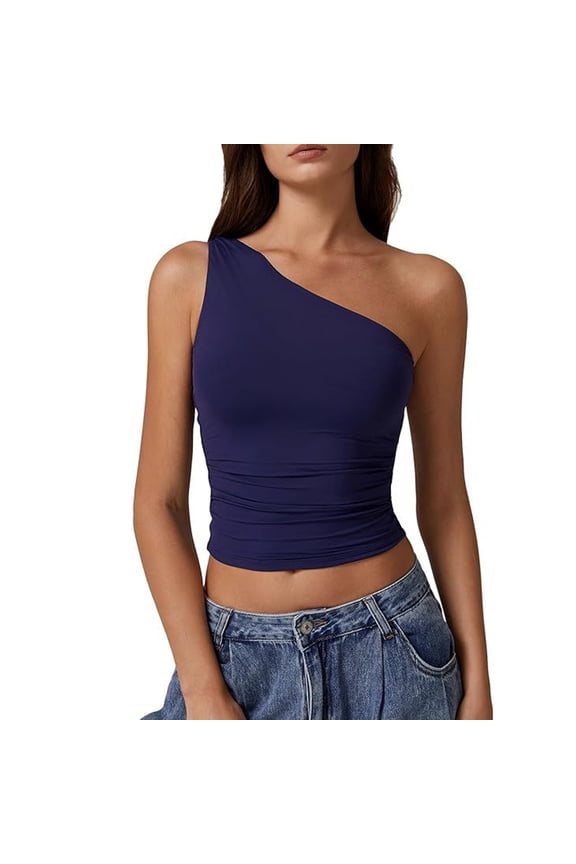 Women's Casual One Shoulder Top Ruched Crop Lightweight Summer Tops Navy L
