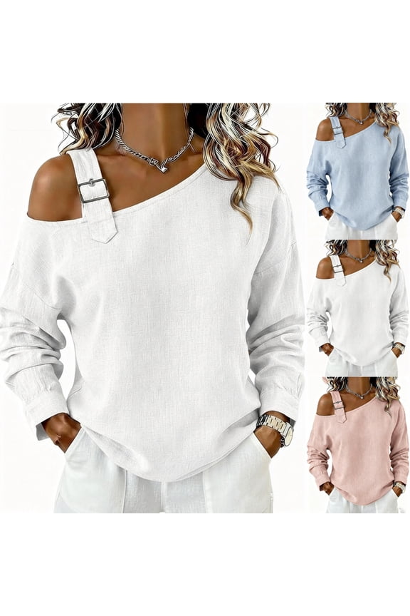 Women's Casual One Shoulder Top Strap Long Sleeve Lightweight Summer Blouse White M