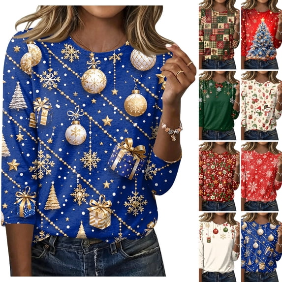 WULMLEO Women's Casual Plus Size Christmas Tops For Women 3/4 Sleeve Christmas Tree Tees Shirts Blue 5XL
