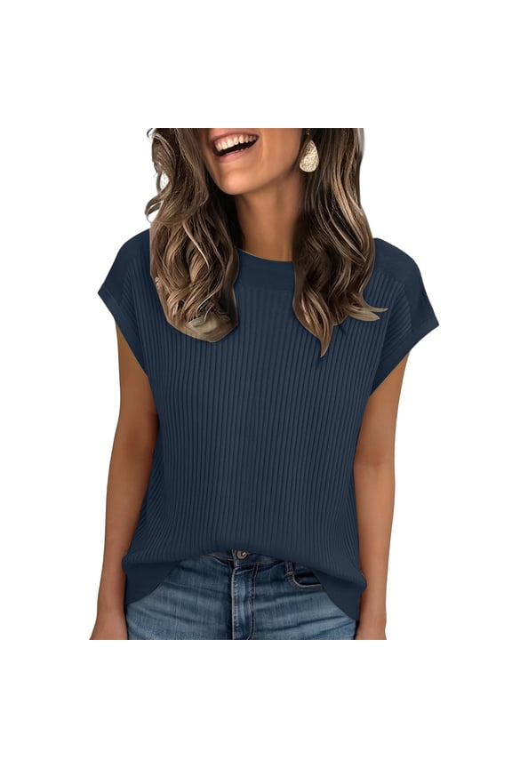Women's Casual Ribbed Top Sleeveless Crew Neck Lightweight Summer Tops Dark Blue XL
