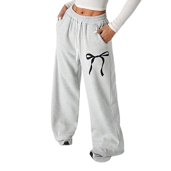WULMLEO Women's Coquette Bow Baggy Sweatpants Fitness Clothing Wide Leg Pants with Pockets Gray 2XL