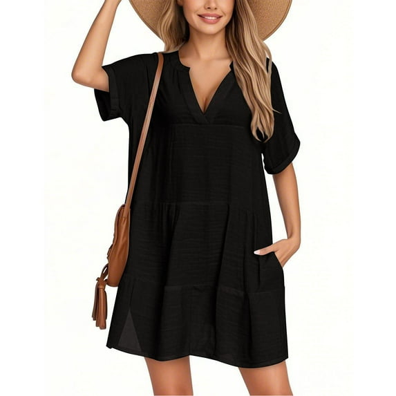 WULMLEO Women's Cover Up Short Sleeve Bathing Suit Cover Ups V Neck Beach Coverup Dress with Pockets Black XL