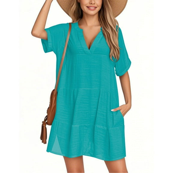 WULMLEO Women's Cover Up Short Sleeve Bathing Suit Cover Ups V Neck Beach Coverup Dress with Pockets Cyan 2XL