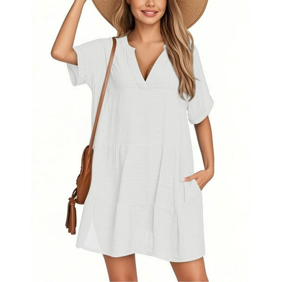 WULMLEO Women's Cover Up Short Sleeve Bathing Suit Cover Ups V Neck Beach Coverup Dress with Pockets White M