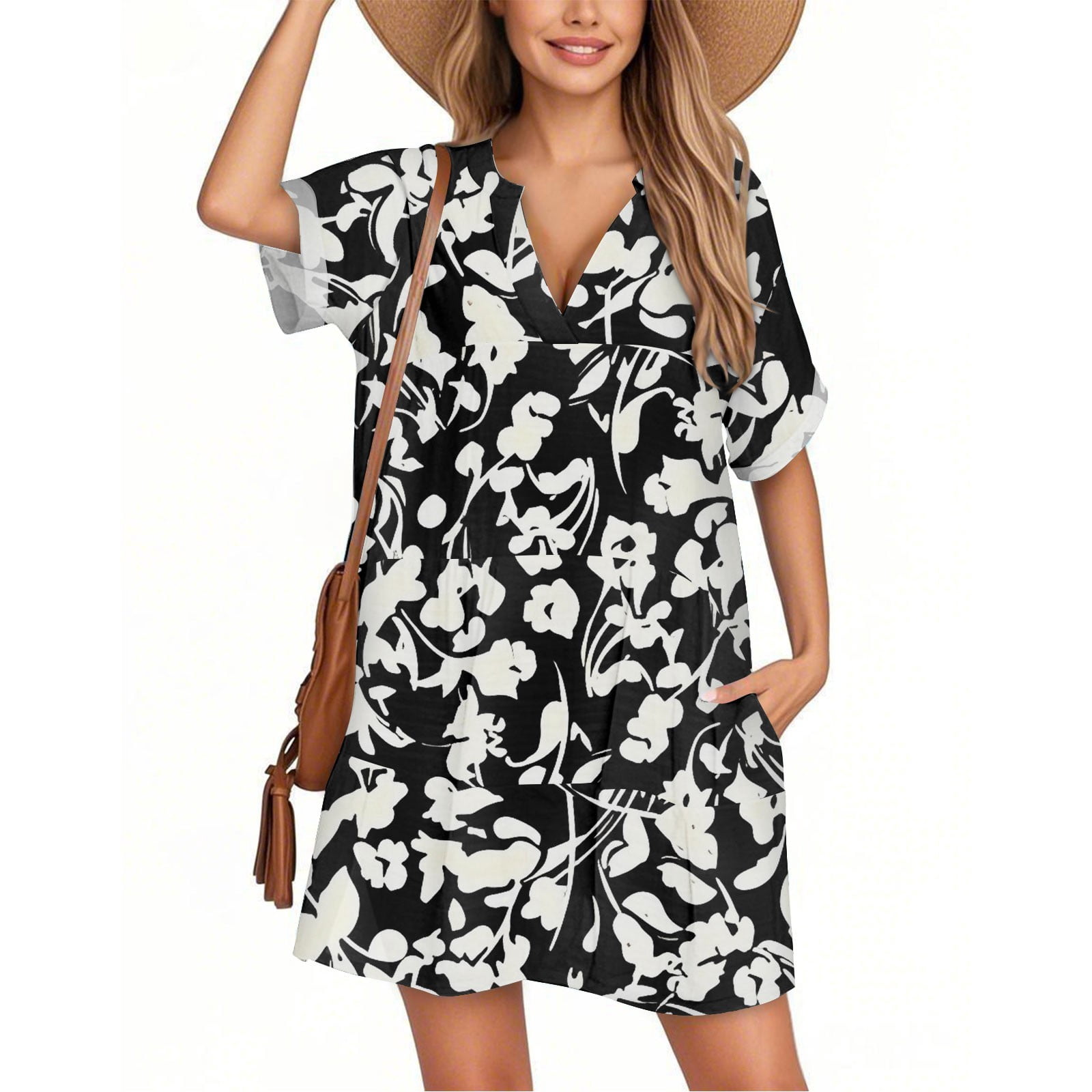 Sheer Black V-neck Beach Cover-up Dress With A Drawstring Waist main image 1