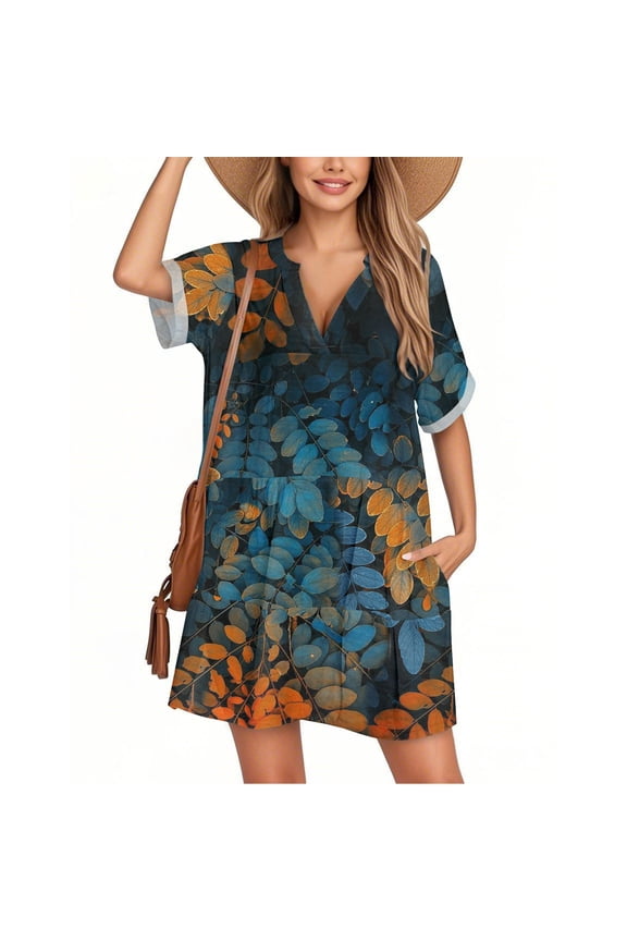 Women's Cover Up Short Sleeve Bathing Suit Floral Dress V Neck Beach Coverup Dress with Pockets Navy L