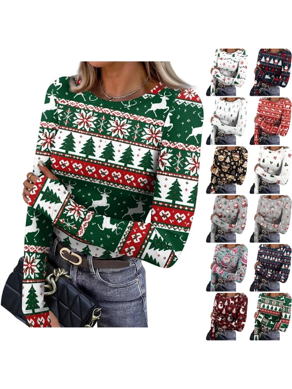 Women's Crew Neck Long Sleeve Christmas Blouses Cute Christmas Tree Candy House Print Tees Fluorescent Green S