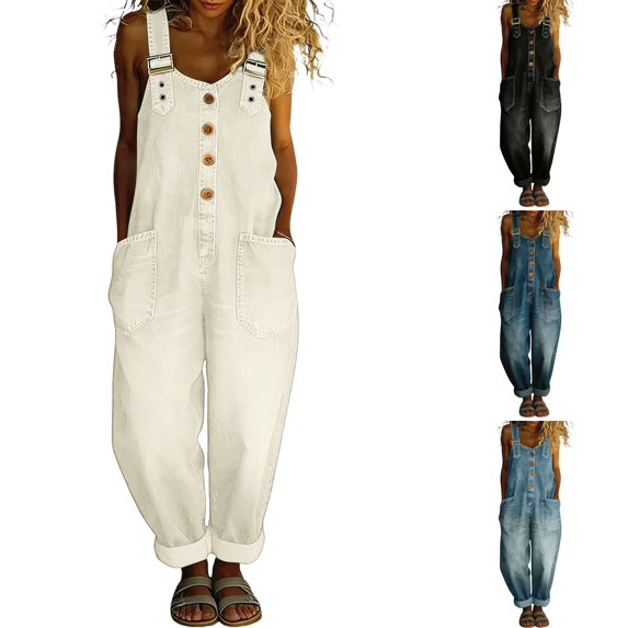 WULMLEO Women's Denim Rompers One Piece Button Front Wide Leg Vintage Y2k Jumpsuit Casual Plus Size Work 2026 Jumpsuits with Pockets White 5XL