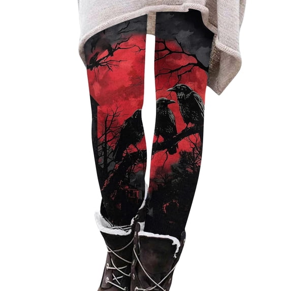 WULMLEO Women's Digital Skull Printted Ankle Elastic Tights Legging Red M
