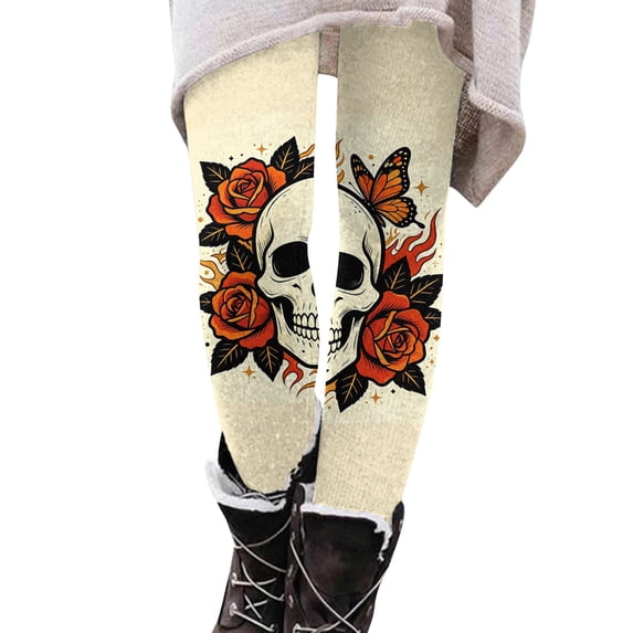 WULMLEO Women's Digital Skull Printted Ankle Elastic Tights Legging Saffron XL