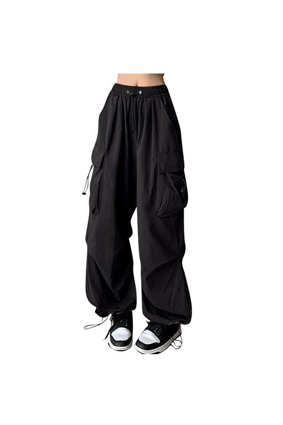 Women's Drawstring Elastic Waist Loose Pants Casual Flap Pocket Cargo Pants Trousers Black M