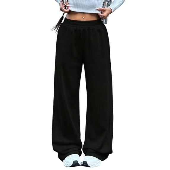WULMLEO Women’s Elastic Gathered High Waist Wide Leg Sweatpants, No Drawstring Loose Full Length Straight Palazzo Casual Lounge Athletic Trousers Black S