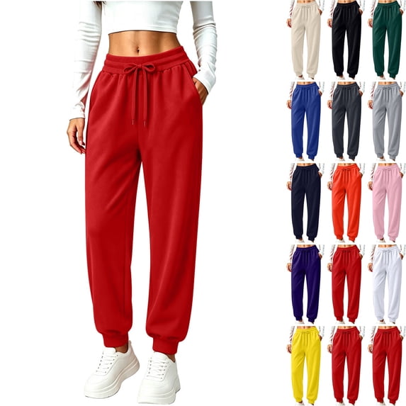 WULMLEO Women's Elastic High Waist Drawstring Jogger Sweatpants Solid Color Loose Casual Tapered Sweat Pants with Side Pockets Red L