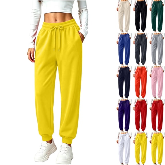 WULMLEO Women's Elastic High Waist Drawstring Jogger Sweatpants Solid Color Loose Casual Tapered Sweat Pants with Side Pockets Yellow 2XL