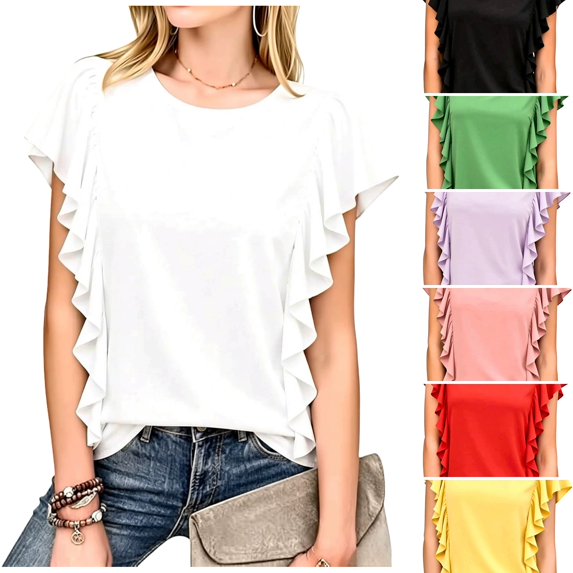 WULMLEO Women's Elegant Round Neck Ruffle Side Shirts Double Layer Cascading Ruffle Short Sleeve Soft Breathable Summer Tunic Tops White S
