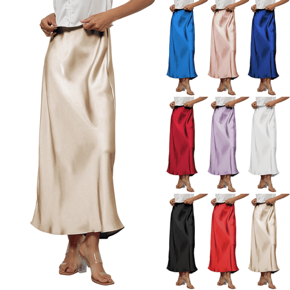 WULMLEO Women's Elegant Satin Skirts High Waisted Flared Casual Work Office Fishtail Midi Skirt Beige S