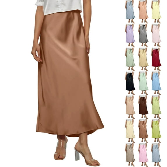 WULMLEO Women's Elegant Satin Skirts High Waisted Flared Casual Work Office Fishtail Midi Skirt Coffee L