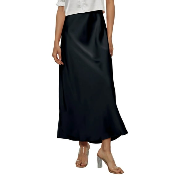 WULMLEO Women's Elegant Satin Skirts High Waisted Flared Casual Work Office Fishtail Midi Skirt Navy M