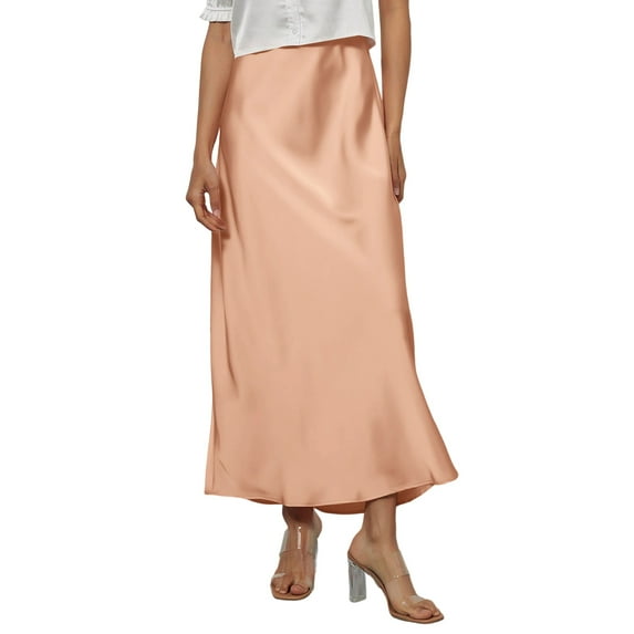 WULMLEO Women's Elegant Satin Skirts High Waisted Flared Casual Work Office Fishtail Midi Skirt Orange L
