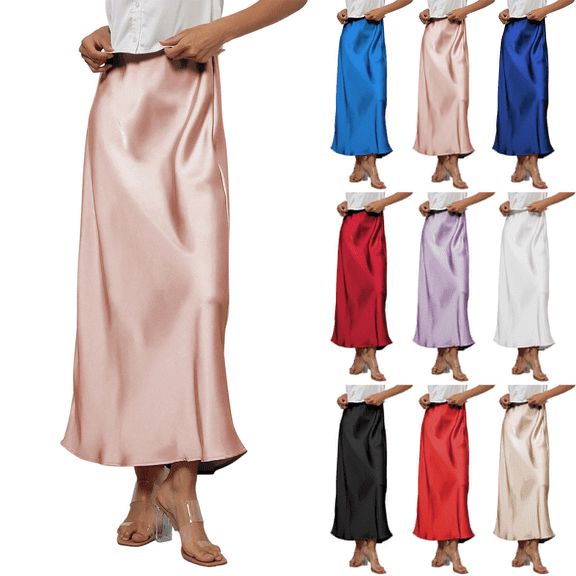 WULMLEO Women's Elegant Satin Skirts High Waisted Flared Casual Work Office Fishtail Midi Skirt Pink S