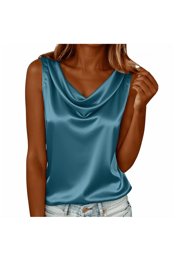 Women's Elegant Silk Satin Tank Tops Sleeveless Cowl Neck Dressy Casual Blouses Blue XL