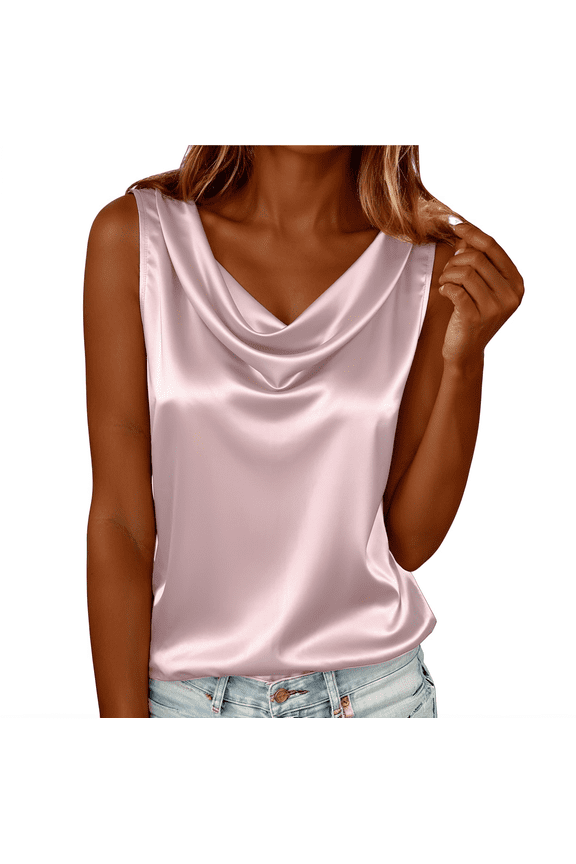 Women's Elegant Silk Satin Tank Tops Sleeveless Cowl Neck Dressy Casual Blouses Pink XL