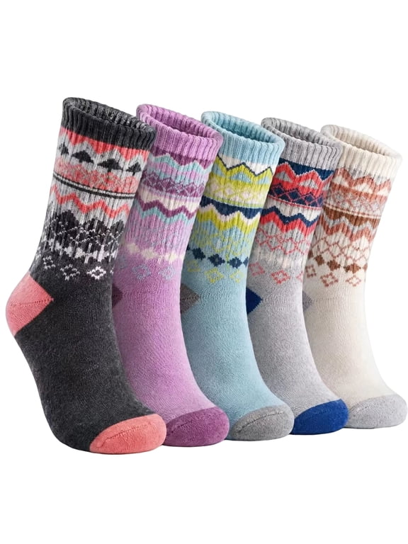 Women's Fair Isle Wool Crew Socks Set of 5, Snowflake Dot Pattern in Dark Grey, Purple, Light Blue, Grey, Beige Multicolor One Size