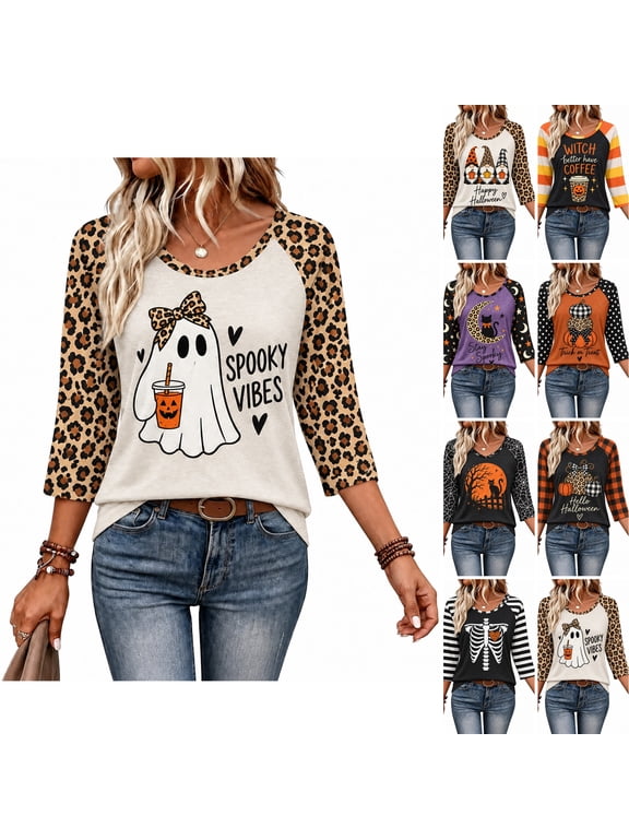 Women's Fall Halloween Tops Soft Raglan 3/4 Sleeve T Shirts Blouses Casual Relaxed Leopard Printed Tops Khaki 3XL