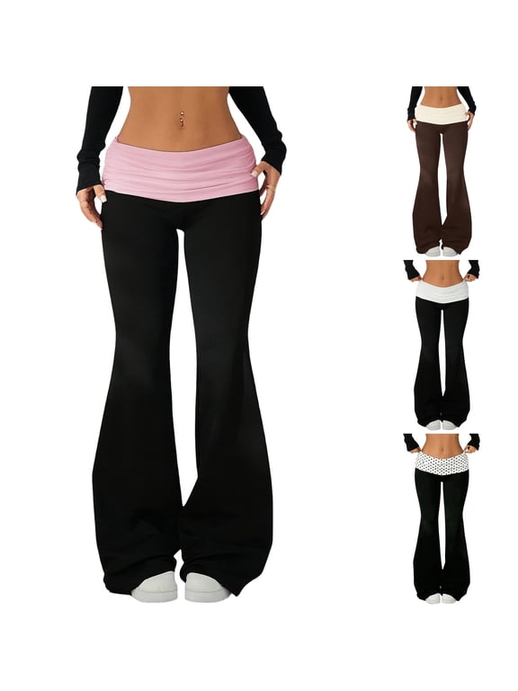 Women's Flare Yoga Pants Fold Over Waistband Bell Bottom Leggings Soft Stretch Trousers Pink L