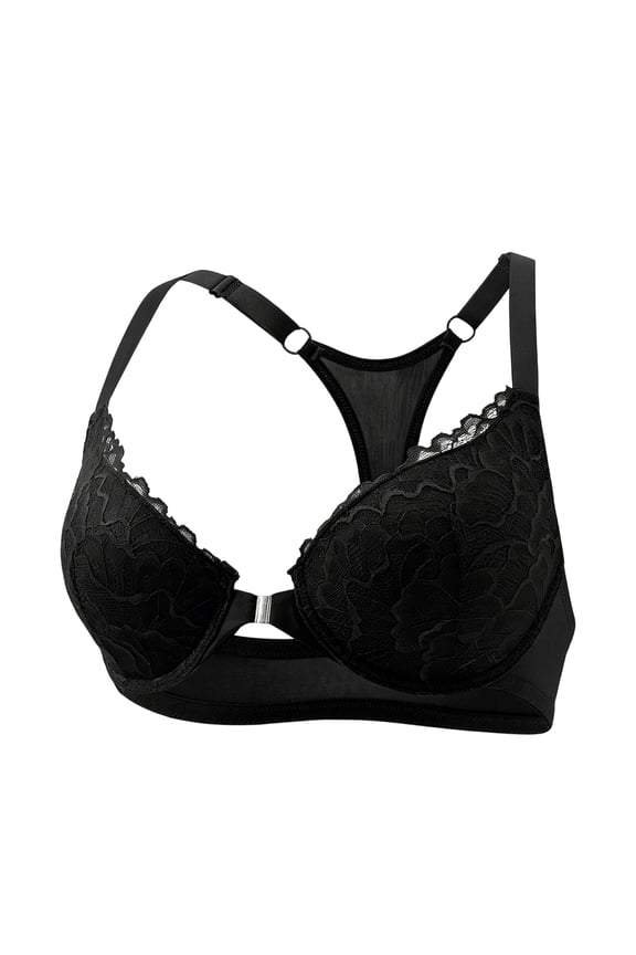 Women's Floral Lace Racerback Bra, Underwire Support Front Closure Bra with Adjustable Straps Black 85D