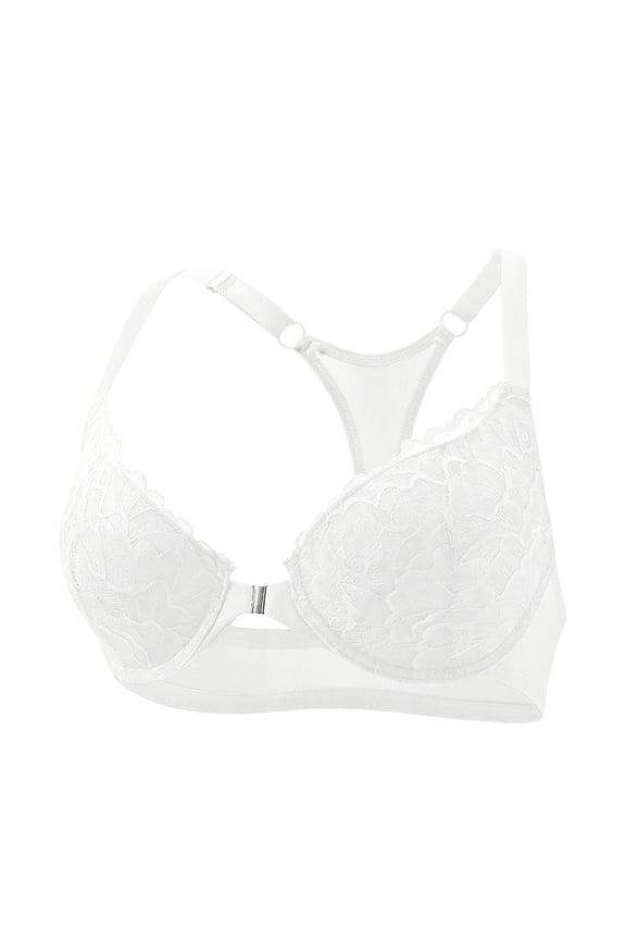 Women's Floral Lace Racerback Bra, Underwire Support Front Closure Bra with Adjustable Straps White 80B