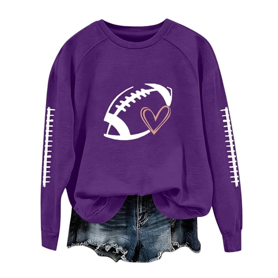 WULMLEO Women's Football Sweatshirts Fall Crew Neck Long Sleeve Printed Soccer Game Fans Day Fashion Graphic Casual Sweaters Shirts Pullover Tops Purple S