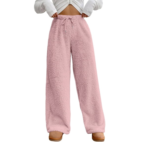 WULMLEO Women's Fuzzy Fleece Pajama Pants Drawstring Elastic Waist Wide Leg Lounge Pants Winter Baggy Trousers Pink XL