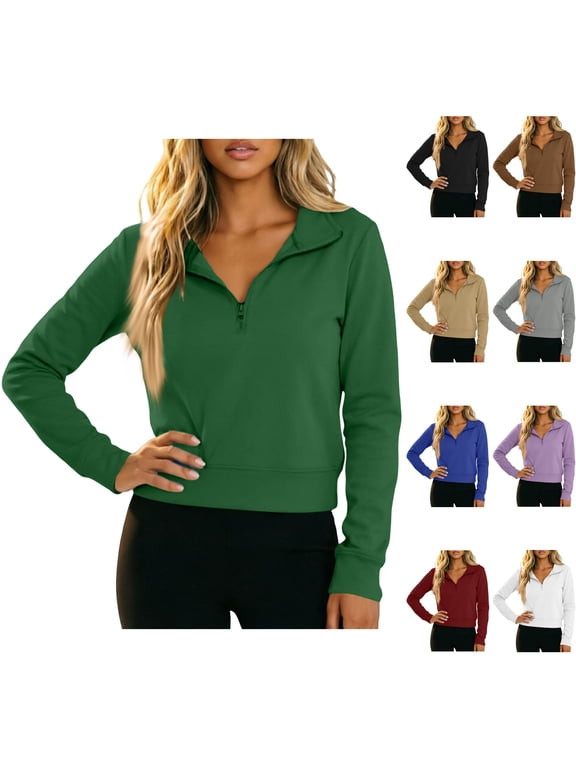 Women's Half Zip Cropped Pullover Sweatshirt for Workout and Fall Winter Dark Green S