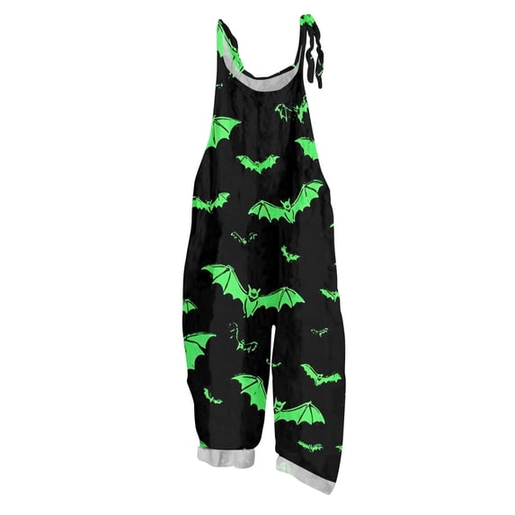 WULMLEO Women's Halloween Jumpsuits Cotton Linen Cute Spaghetti Strap Wide Leg Adjustable Tie Pants Casual Y2k Overalls Fall Skeleton Rompers with Side Pocket Green L