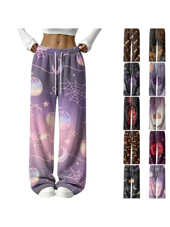 Women's Halloween Pajama Pants Pumpkin Bat Bow Print Drawstring Elastic Waist Sleepwear For Casual Holiday Rest Dark Purple M