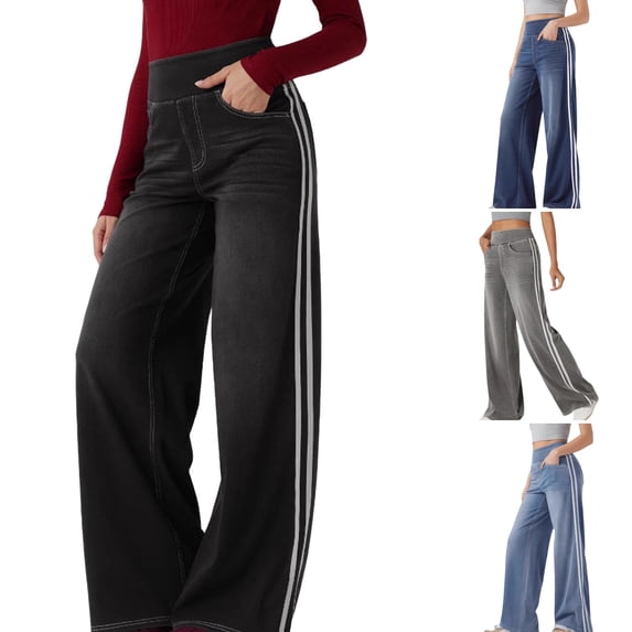 WULMLEO Women's High Waisted Wide Leg Jeans with Side Stripes Baggy Stretch Denim Pants for Casual Streetwear Black L