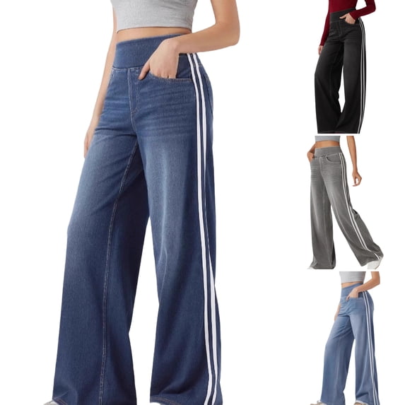WULMLEO Women's High Waisted Wide Leg Jeans with Side Stripes Baggy Stretch Denim Pants for Casual Streetwear Dark Blue L
